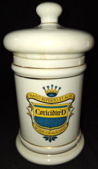 VTG RX APOTHECARY JAR MD CORICIDIN-D 6.5″ GOLD TRIM w/LATIN PHARMACY DRUG STORE