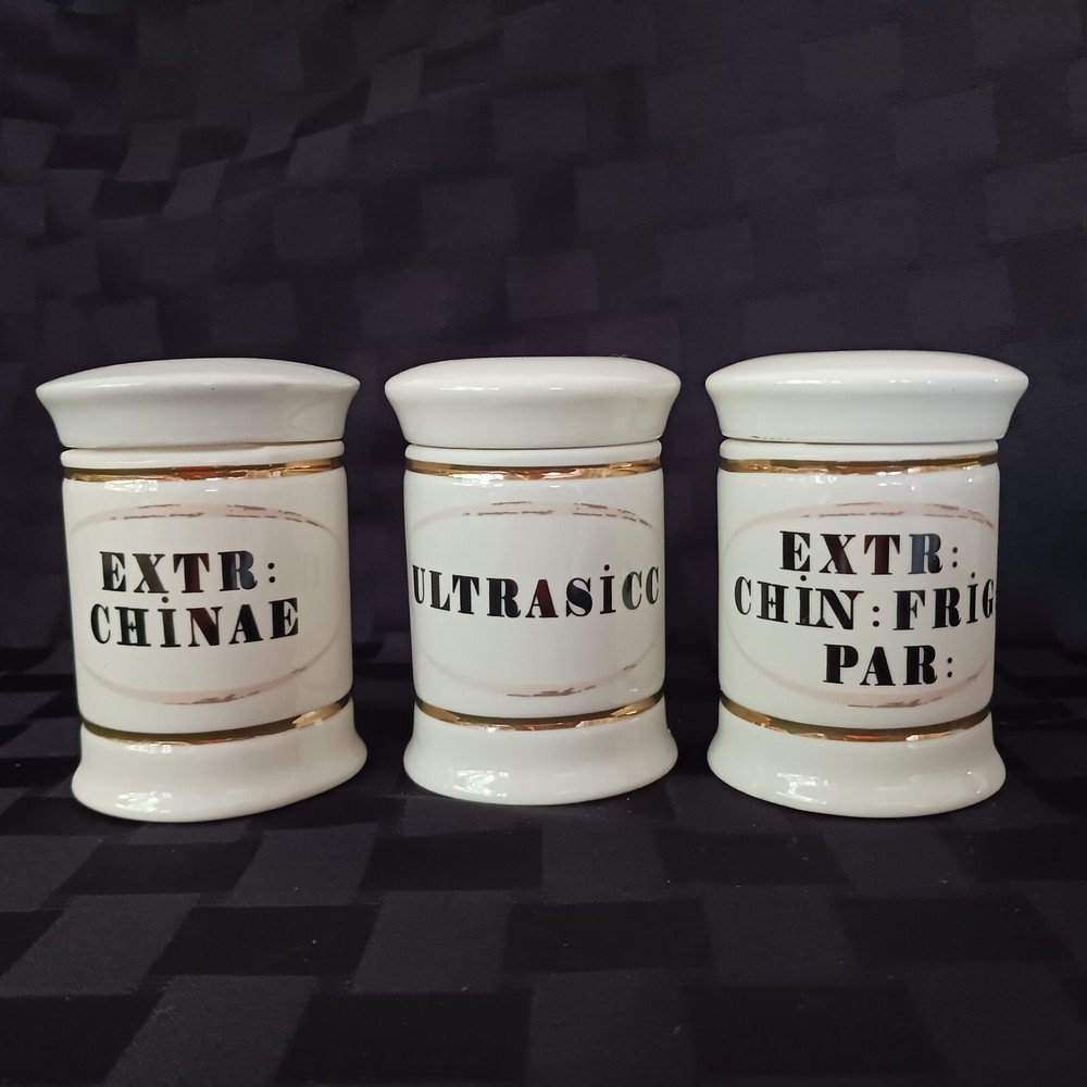 Vintage Style Porcelain European Script Apothecary Jar Set/3