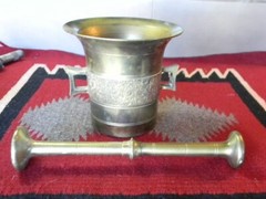 ANTIQUE LARGE SOLID BRASS 4″ TALL MORTAR & PESTLE PHARMACIST CHEMIST APOTHECARY