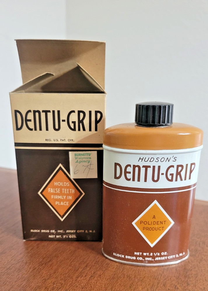 Vintage NOS Dentu-Grip 2.5oz tin with original Box by Block Drug Co.