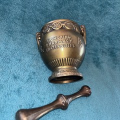 Vtg Heavy Brass Schering 5” Mortar & Pestle Coricidin Pharmacy Fraternities #OO