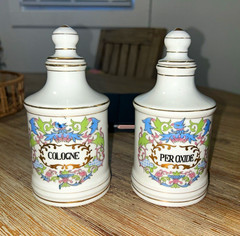 Vintage Japan Porcelain Apothecary Jar Bottle Pair Cologne & Peroxide