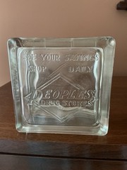 1950’s PEOPLES DRUG STORES HEAVY GLASS BLOCK ADVERTISING COIN BANK SAVINGS CLEAN