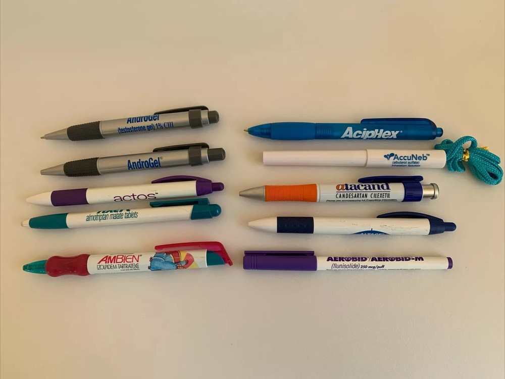 LOT OF 10 UNIQUE Pharmaceutical Pens; Drug Rep; All Drugs Start with Letter „A“