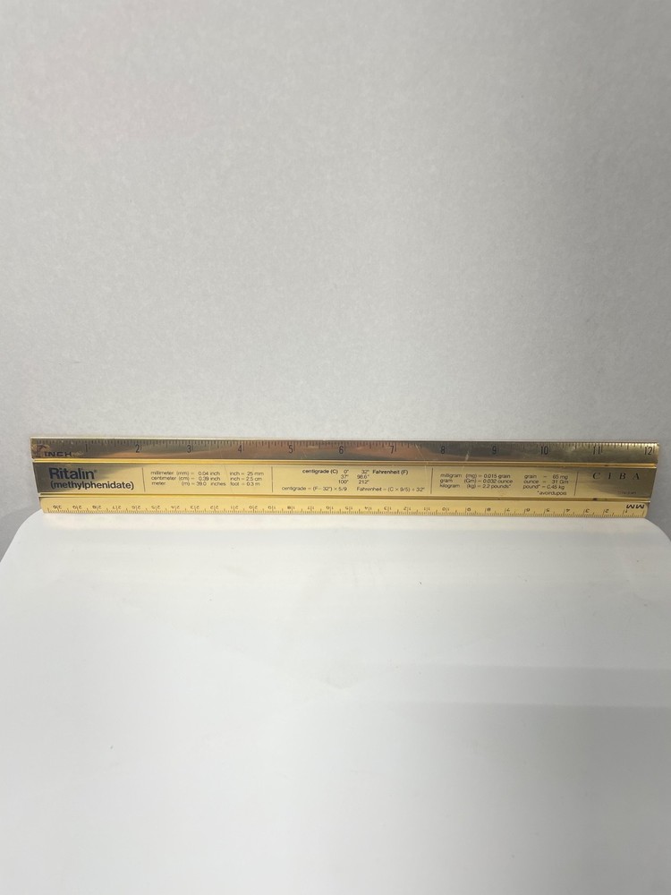VINTAGE RITALIN CIBA 12″ METAL RULER! mm/METRIC CONVERSIONS! GOLD COLOR METAL!
