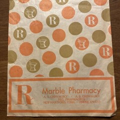 Vtg 1969-1970s Marble Pharmacy Paper Bag New Hartford Connecticut CT Advertising