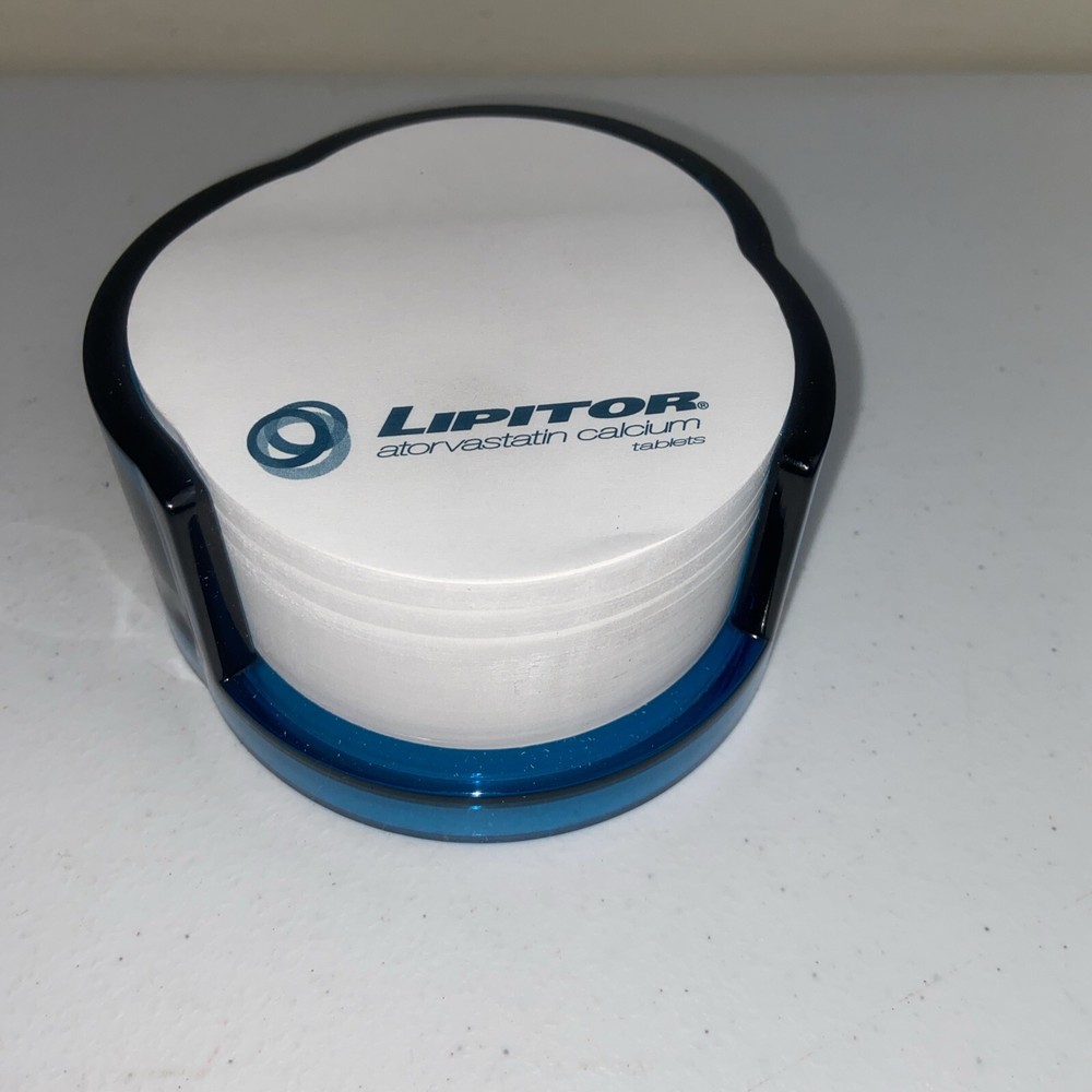 LIPITOR Drug RepAdvertising Sticky Note Pad Blue Acrylic Holder Pharmacy 2004