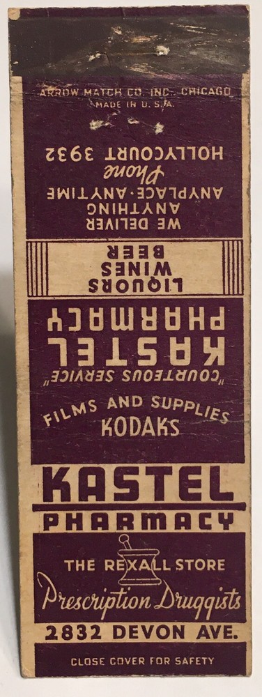 Old Matchbook Cover Kastel Pharmacy Prescription Druggists! Nice Condition d1316