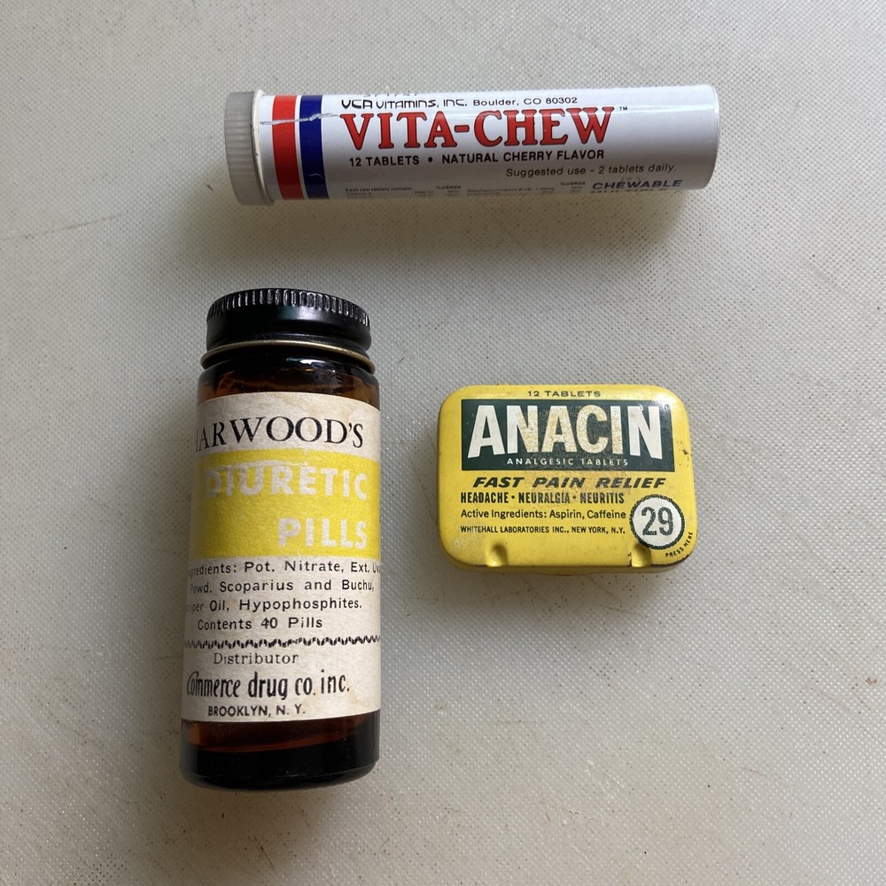 Vintage Drug Containers, Vita-Chew, Anacin, Hardwood Diuretic Lot Of 3