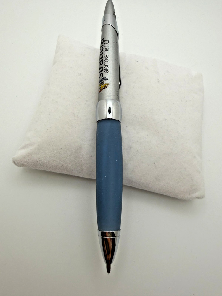 Strattera Atomoxetine HCl Pharma Metal Pen Tested & Working Silver Blue RARE
