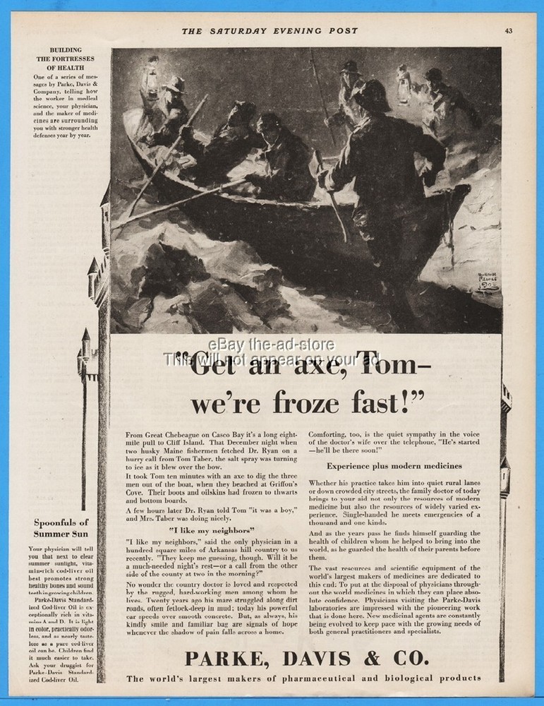 1929 Parke Davis Pharmaceutical Wm Meade Prince Night Fishing Art Drug Ad