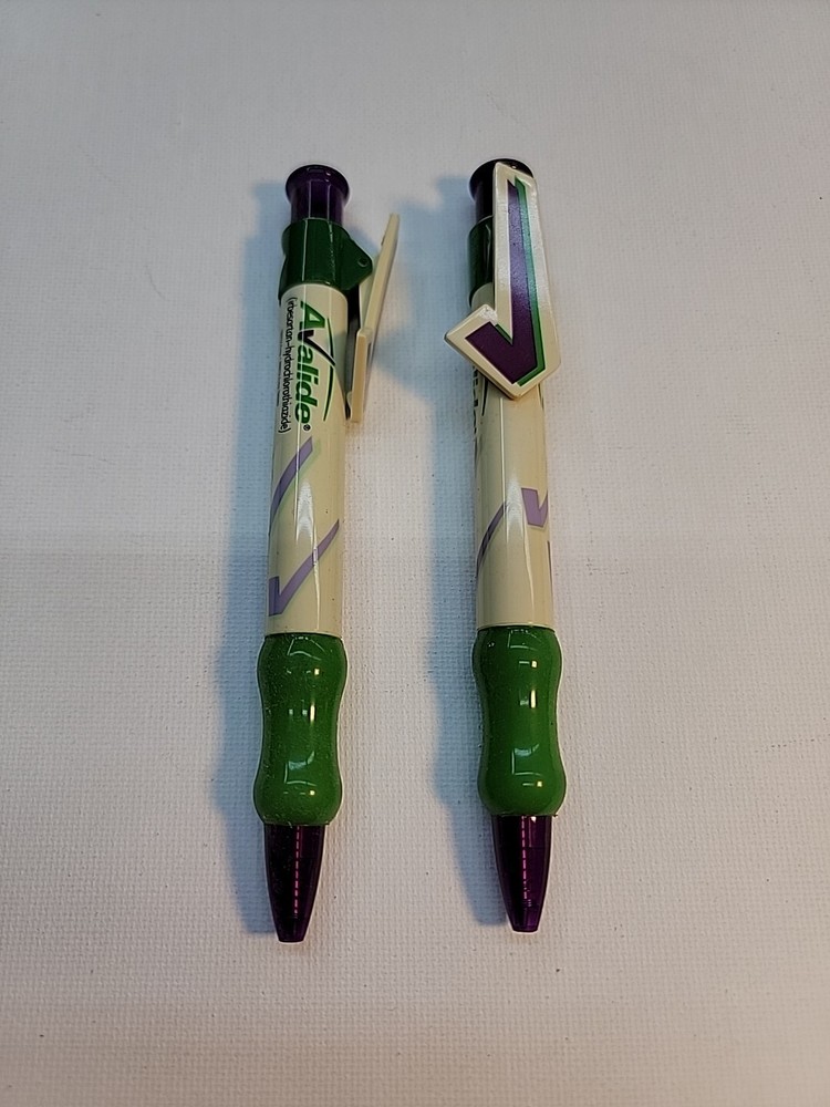 2 X AVALIDE Drug Rep Collectible Pen – w/ Large CHECKMARK Pocket Clip