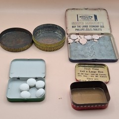 Pill tins lot 4 PHILLIPS Rheumatism gout SYNTROGEL w/pills antique vintage