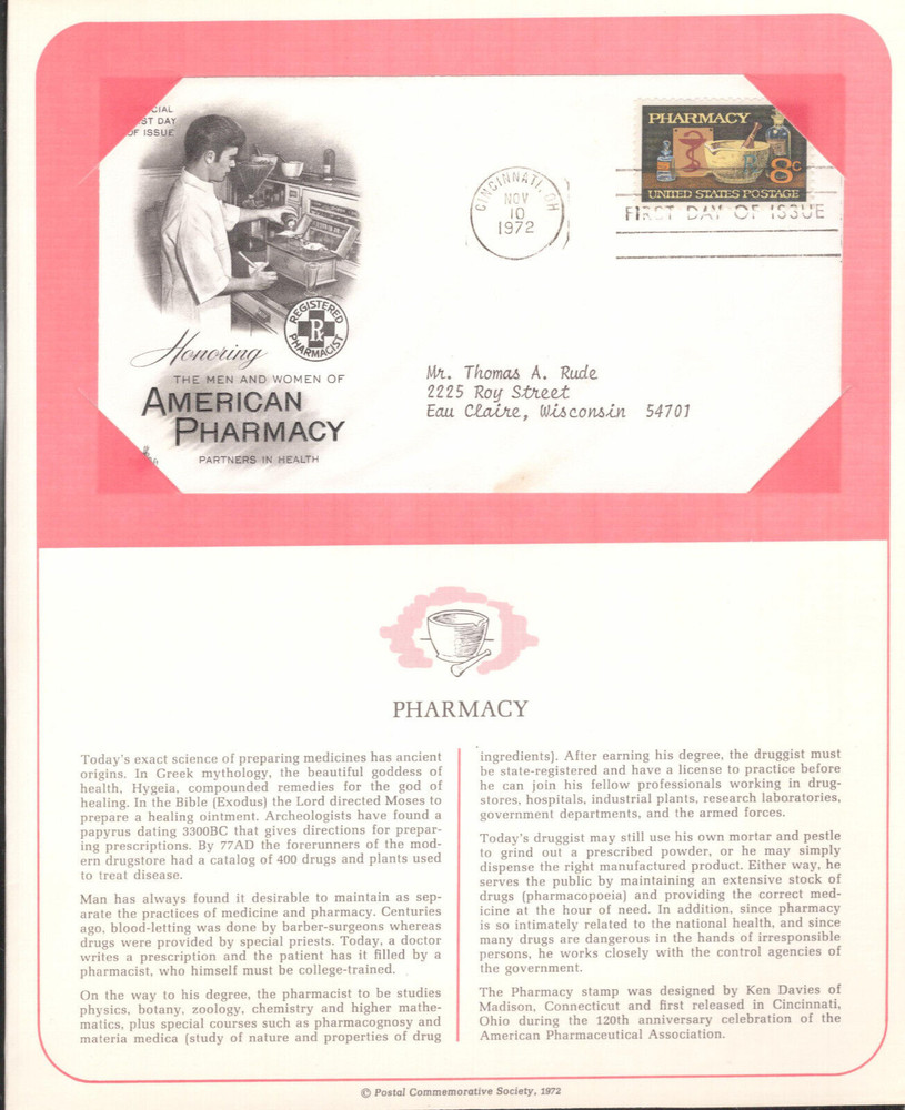 1972 First Day Cover – honoring Pharmacy on Information Page