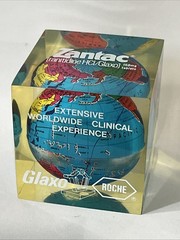 Vintage Zantac Glaxo Roche Pharmaceutical Acrylic Globe Paperweight 2” Square