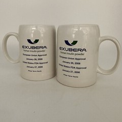 2 Exubera Coffee Cups 2006 Pharmaceutical Collectible Drug Rep Discontinued