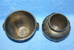 BRASS RX PHARMACY SECUNDUM ARTEM MORTAR & SCHERING MORTAR 4″ VASE LOT SET OF 2