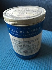 Vtg MERCK Sugar Milk metal tin Lactose paper label RAHWAY NJ rx