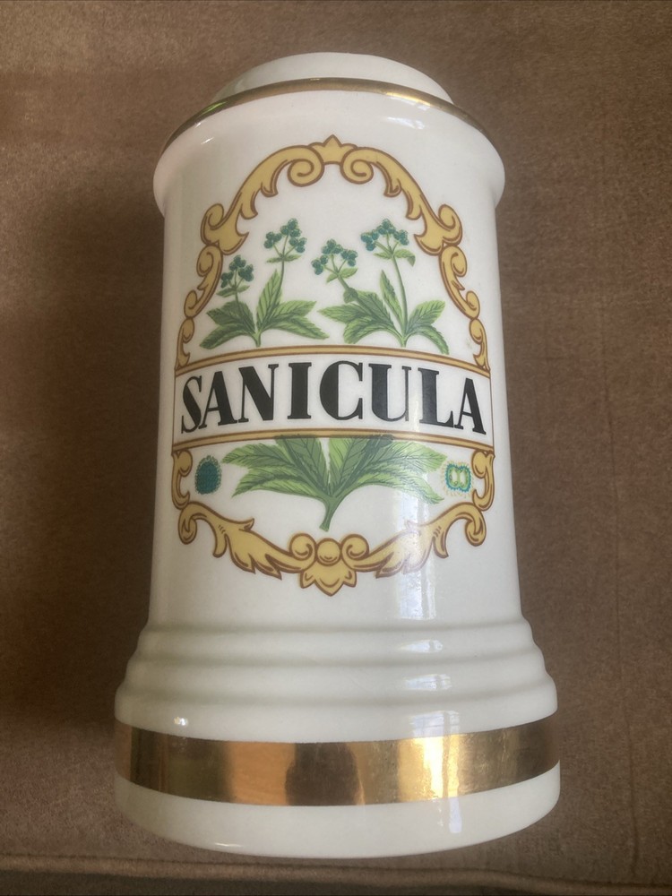 Vintage Sanicula Apothecary Porcelain Jar Pharmacy Botanical Canister