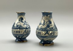 Rare Pair 17thC Italian Savona Majolica Albarello Drug Pharmacy Jar Bottles