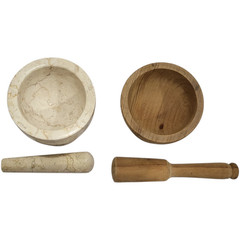 LOT of 2 Vintage 1960s 70s Mortar and Pestle * Italian MARBLE * WOOD 4″ x 4″