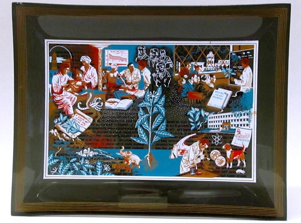 Squibb Drug Vtg ’50s Promo Black Glass Tray Rauwolfia Root India Raudixin Color