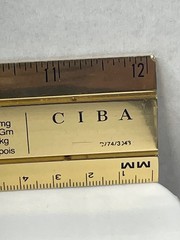 VINTAGE RITALIN CIBA 12″ METAL RULER! mm/METRIC CONVERSIONS! GOLD COLOR METAL!