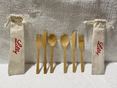 (2) Eli Lilly Pharma.Co.-3 Pc Wooden Cutlery Sets In Logo Canvas Drawstring Bags