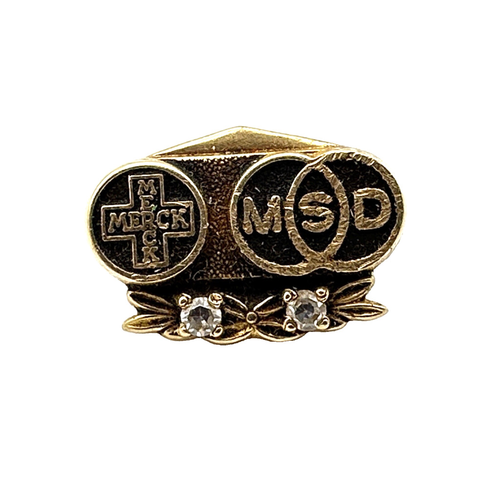MERCK MSD lapel pin or tie tack – 14K yellow gold w/ 2 diamonds OC Tanner pharma