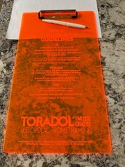 TORADOL Clipboard w/Bic Pen-Never Used-Pharmaceutical Drug Rep Promo Neon Orange