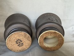Pair- Schering 1966 Coricidin Cosmas & Damian Ceramic Mortar & Pestles 5″ tall