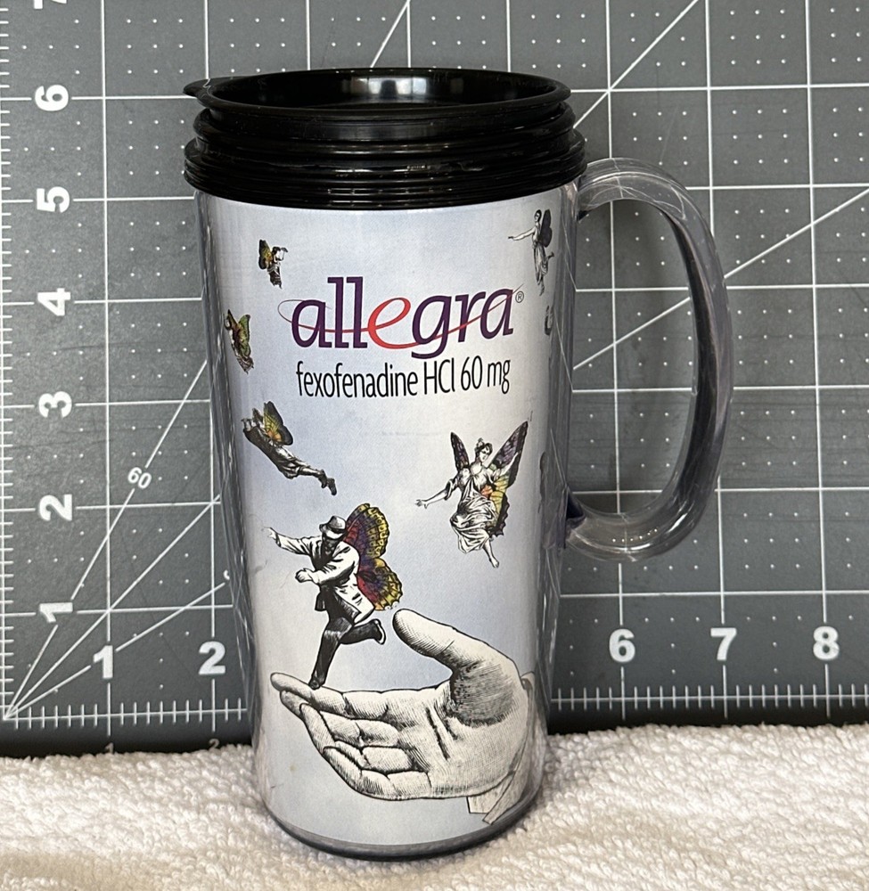 Allegra 16 Oz Travel Mug Fexofenadine Artsy Pharmaceutical Drug Rep Promo Cup