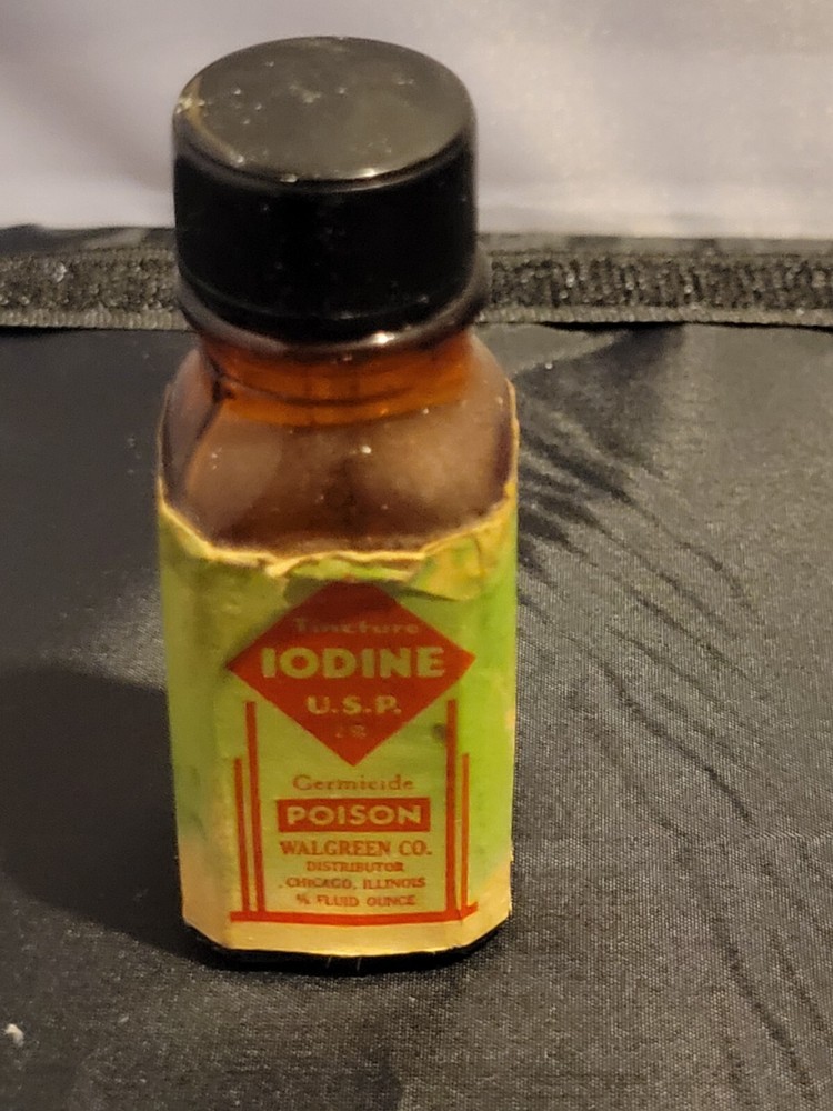 Walgreen Co IODINE TINCTURE Vintage Empty Bottle Original Skull Cross Bones
