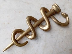 Vintage Brass Rod of Asclepius Medicine Symbol Serpent Snake Two Parts Removable