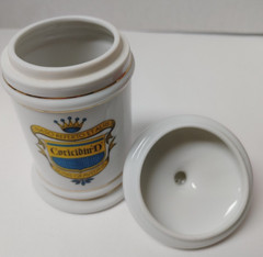 VTG CORICIDIN D WHITE PORCELAIN PHARMACY JAR CONTAINER LID GOLD TRIM CREST
