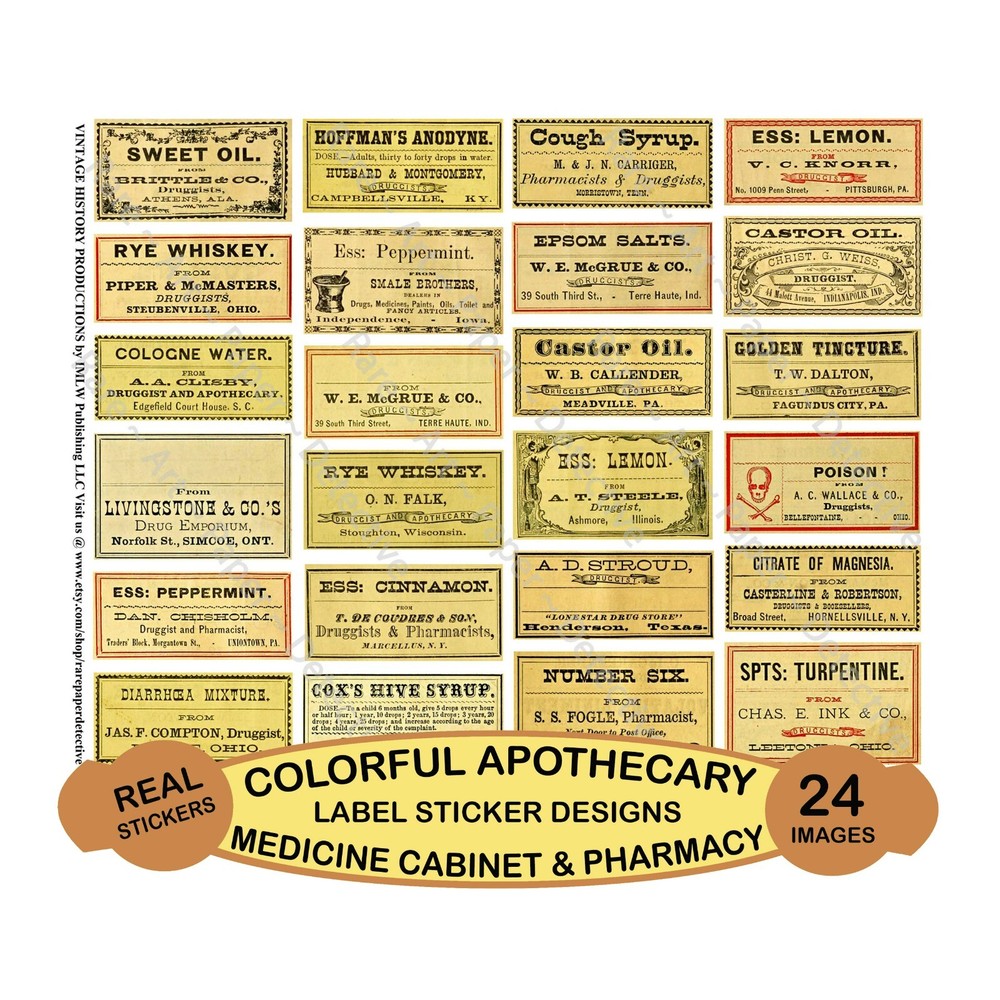 Vintage Apothecary Cabinet Label Stickers, Pharmacy Bottle, Cut & Peel Sheet 753