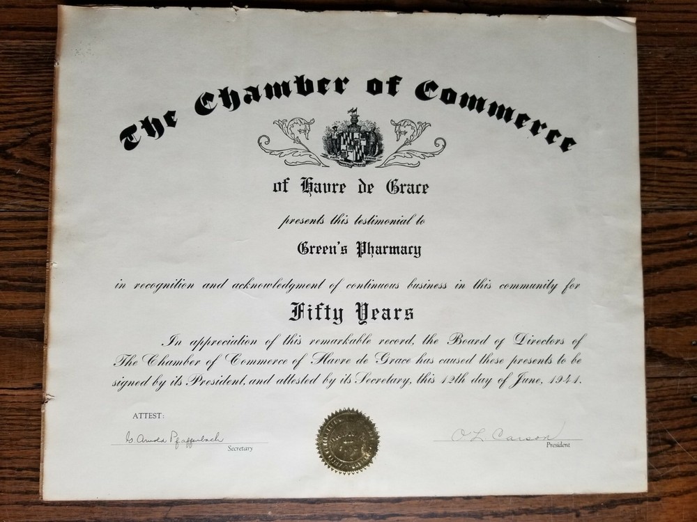 1941 GREEN’S PHARMACY Havre De Grace Maryland Chamber of Commerce 50 Year Award