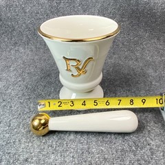 Owens Illinois RX Porcelain Pharmacy Mortar Pestle White Gold Apothecary Vtg