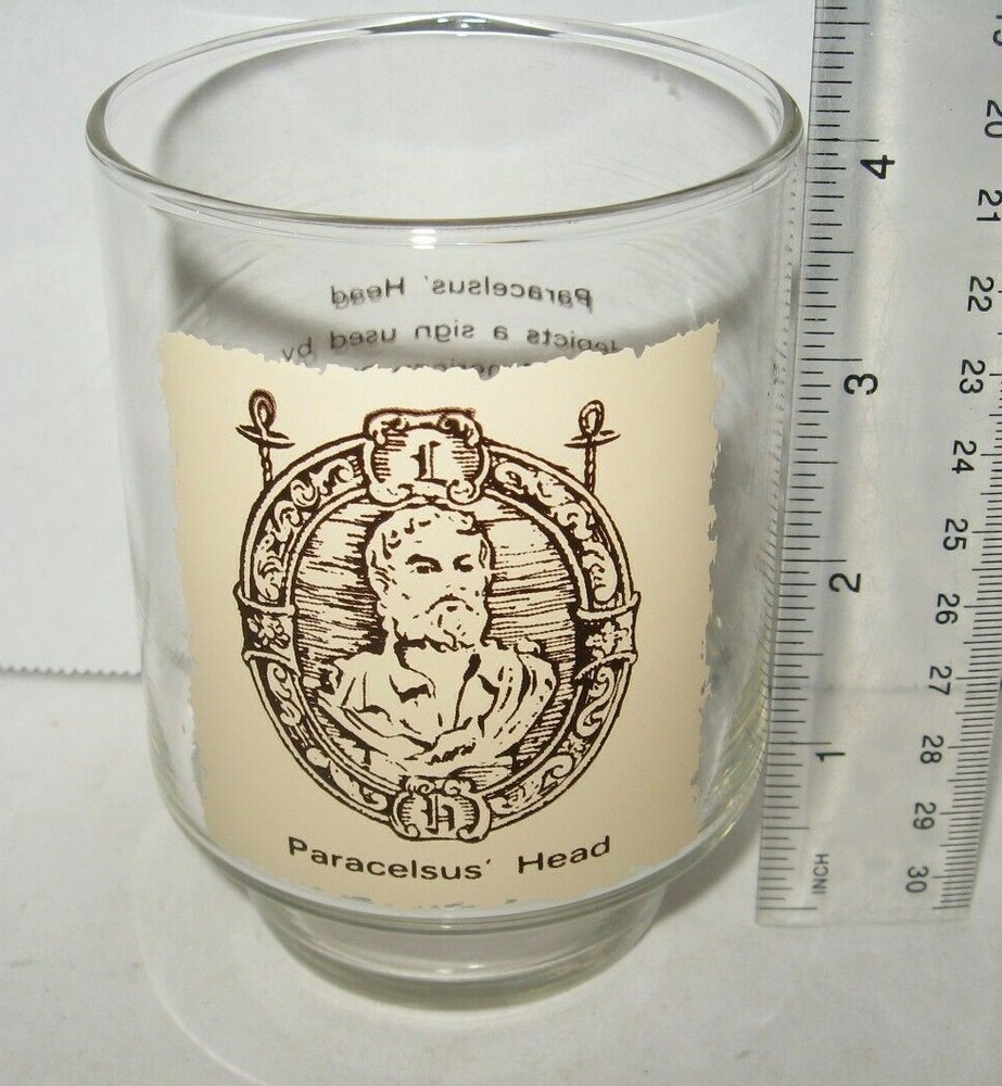 Rare vtg Paracelsus‘ Head 4″ Glass Tumbler early American Pharmacy sign art