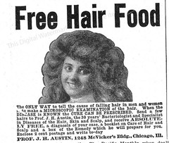 1907 Free Hair Food Ad * Falling Hair Cure Diagnosis Prof J.H. Austin Chicago