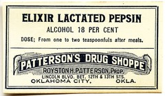 1 Antique Pharmacy Label ELIXIR LACTATED PEPSIN Patterson’s Drug Oklahoma City