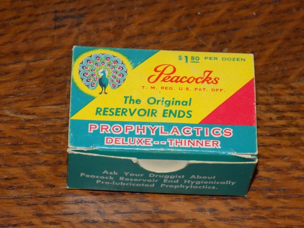 Vintage Peacocks Cardboard Box of Unused Condoms