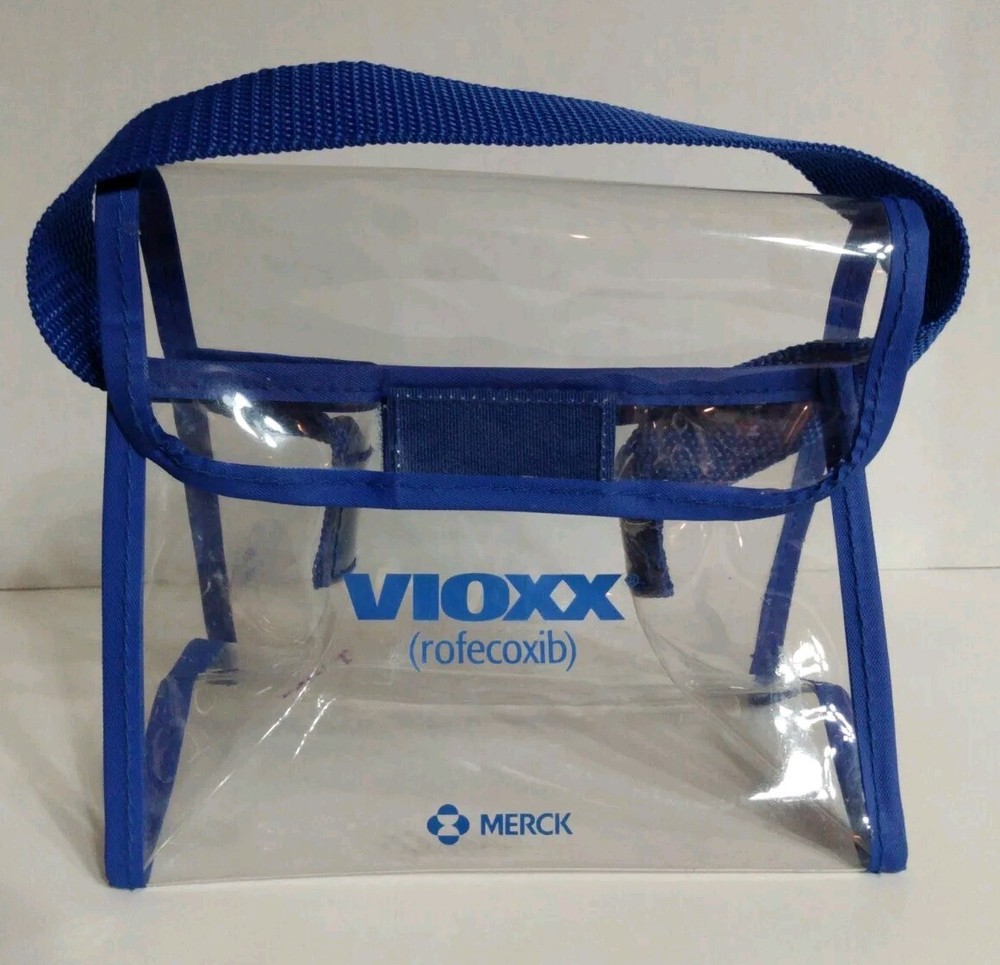 Vintage Vioxx Merck Plastic Vinyl Clear Bag Blue Hook And Loop Small Short Strap