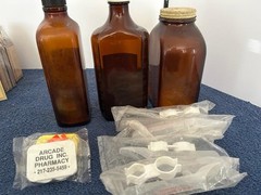 3 Vintage Brown glass bottles from Arcade Pharmacy Mattoon, IL Geo Bennett RPh