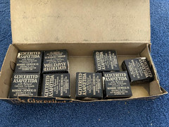 Vintage glycerited Asafoetida squares in original box w price tags in 1 lb box