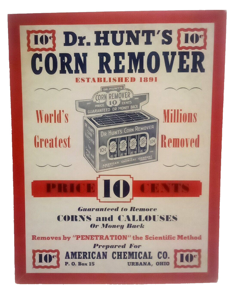 Dr. Hunt’s Corn Remover Vtg Adv Display Poster American Chemical Co. Urbana Ohio