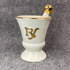 Owens Illinois RX Porcelain Pharmacy Mortar Pestle White Gold Apothecary Vtg