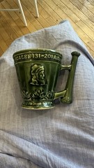 Vintage Coricidin Green Pottery Mug RX Galen Schering Pharmacy Cup Mortar Pestle
