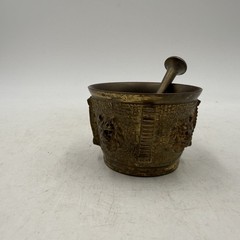 Vintage Brass Mortar and Pestle, Lion Head Design, 2” Tall