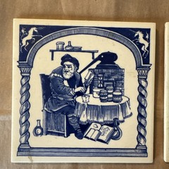 Lot of 2 Vintage Handmade Delft Holland Pharmacy 6×6 Tiles Apothecary Blue White
